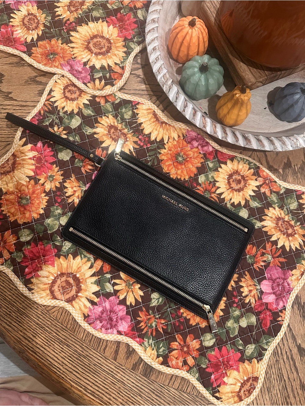 Michael Kors Black Women's Double Zip Wristlet Wallet w/ Logo, Gold Accents